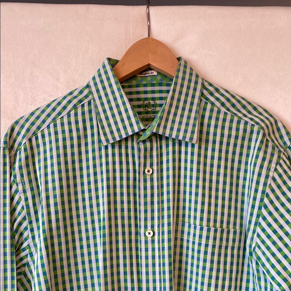 Bugatchi Green and Blue Checkered Gingham Men's Button Down Cotton Dress Shirt